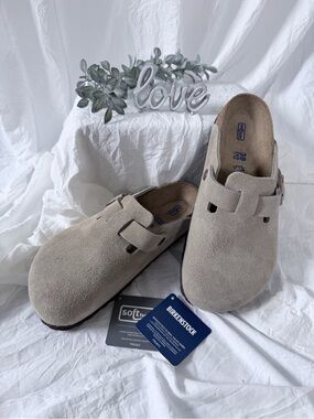 Birkenstock Taupe Suede Boston Soft Footbed Clogs